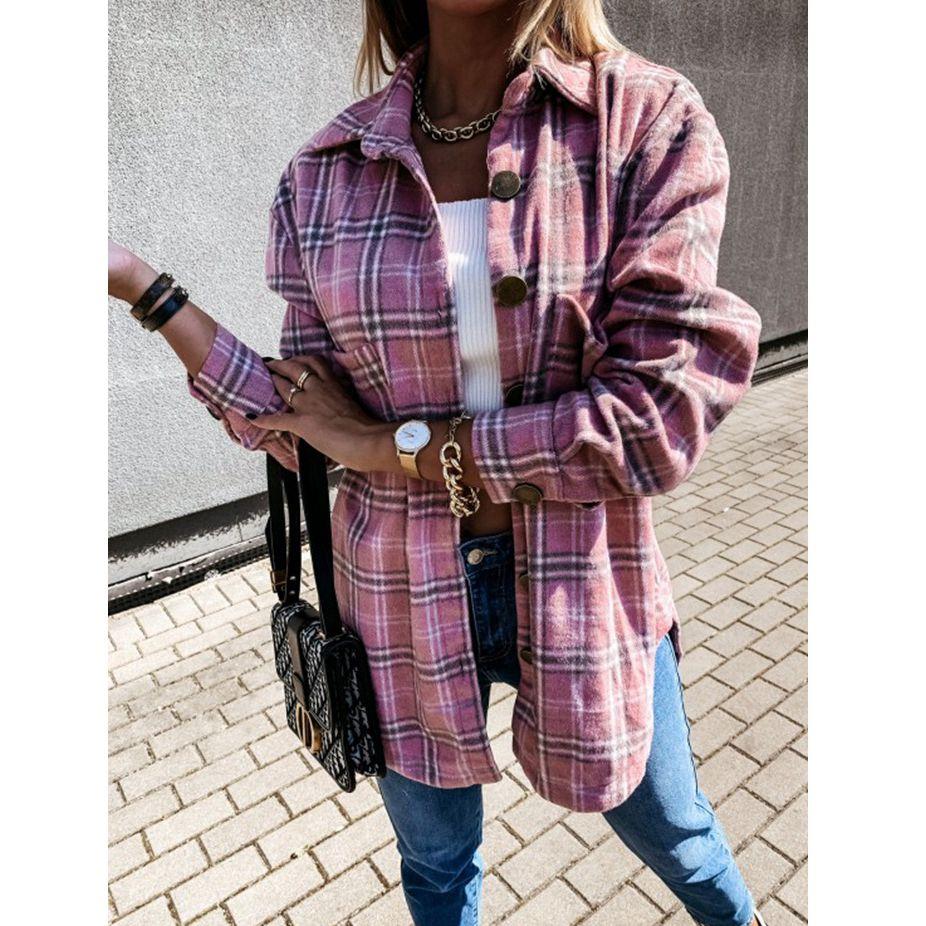 Women Fashion Long-sleeved Lapel Shirt Autumn and Winter Loose Casual Retro Plaid Long-sleeved Shirt Jacket