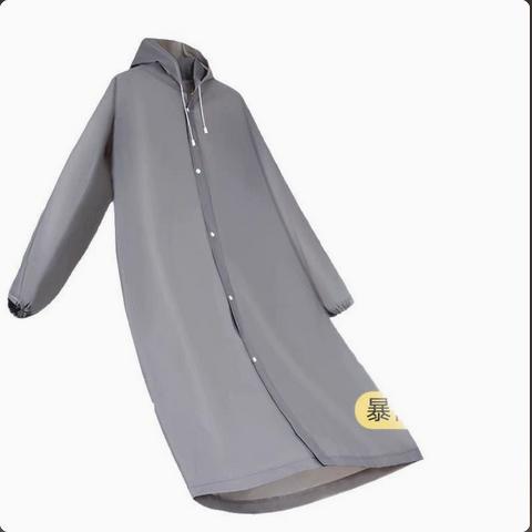 Long Waterproof Hooded Raincoat with Snap Button Closure Full Sleeve Design Lightweight Durable Material Suitable for Outdoor Use