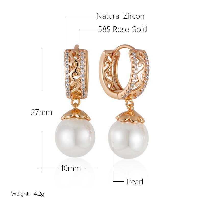 Luxury  Rose Gold Color Pearl Drop Earrings For Women Unique Hollow Pattern Natural Zircon Bridal Wedding Fine Jewelry