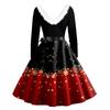 Christmas Print Flare Dress For Women Long Sleeve Dress Hollow Party Casual Dresses
