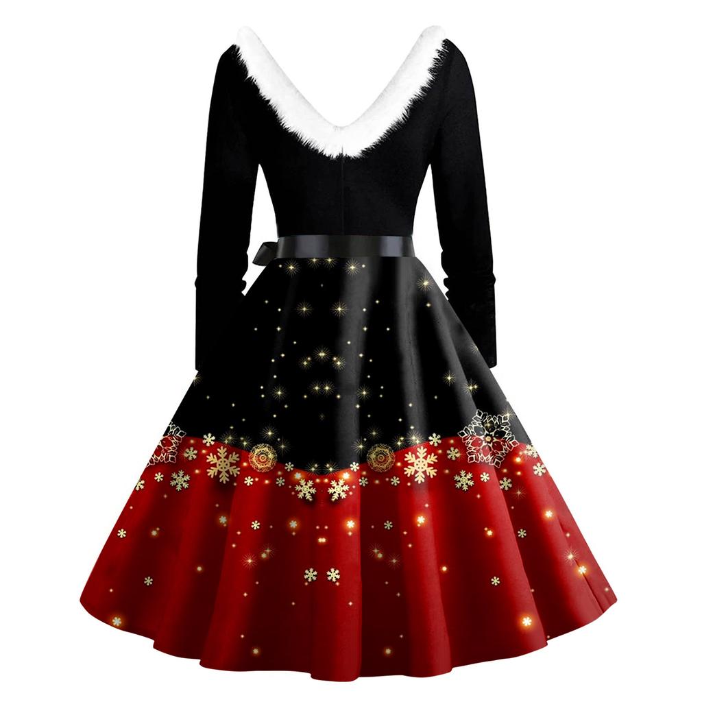Christmas Print Flare Dress For Women Long Sleeve Dress Hollow Party Casual Dresses
