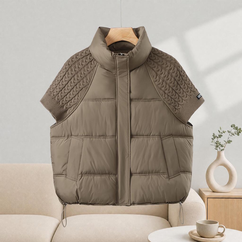 Fashion Knitted Stitching Stand-up Collar Cotton Vest Women Autumn Winter Short Warm Loose Sleeveless Ladies Waistcoat Coat