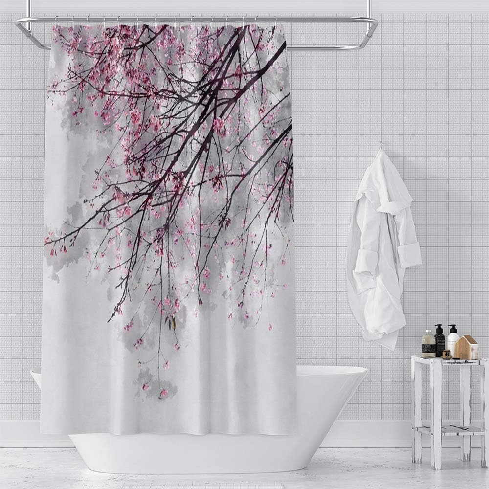 Cherry Blossoms Shower Curtain Pink Flower Japanese National Flower Bath Curtain Waterproof Polyester Fabric Bathroom Decor
