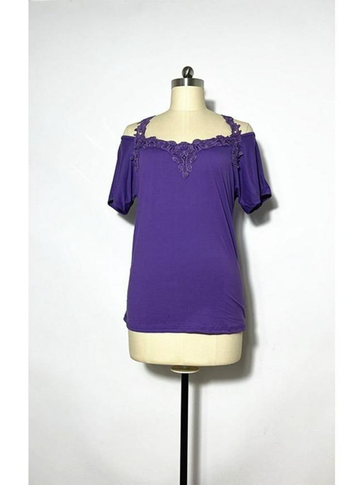 American Style European Women's Casual Loose V Neck Short Sleeve T Shirt with Lace Splice