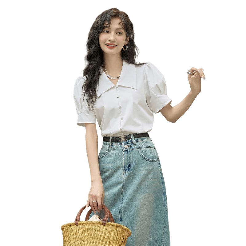 Women s Puff Sleeve V-Neck Short Sleeve Blouse S