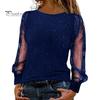 Damen-T-Shirt mit Rundhalsausschnitt, durchsichtig, glitzernd, langärmelig, einfarbig, lockere Passform, lässige Oberteile für den Alltag