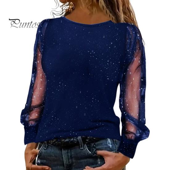 Damen-T-Shirt mit Rundhalsausschnitt, durchsichtig, glitzernd, langärmelig, einfarbig, lockere Passform, lässige Oberteile für den Alltag