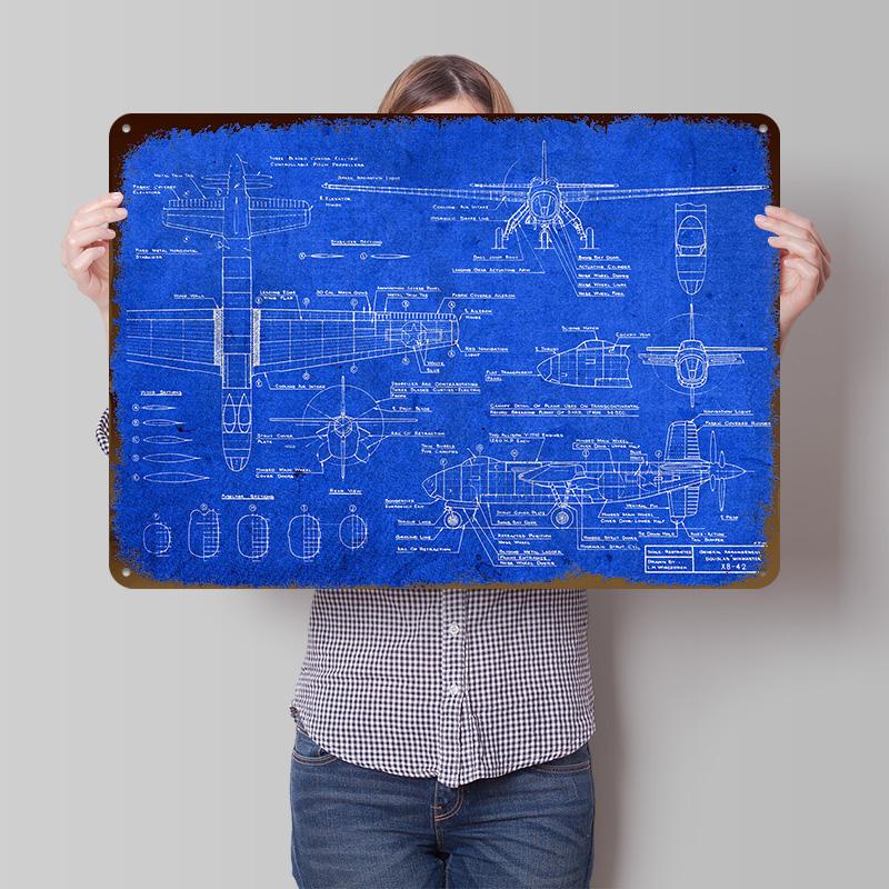 F Fighter Jet Blueprint Metal Poster Customized Wall Art Retro Vintage Tinplate Signs for Decoration Home Decor Items House