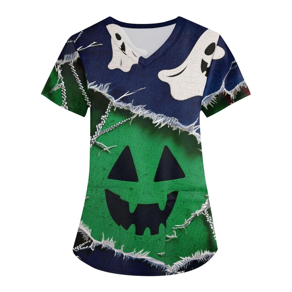 Women's Printing Uniform Work Uniform V-neck Pockets Basic Short Sleeve Pullover Top