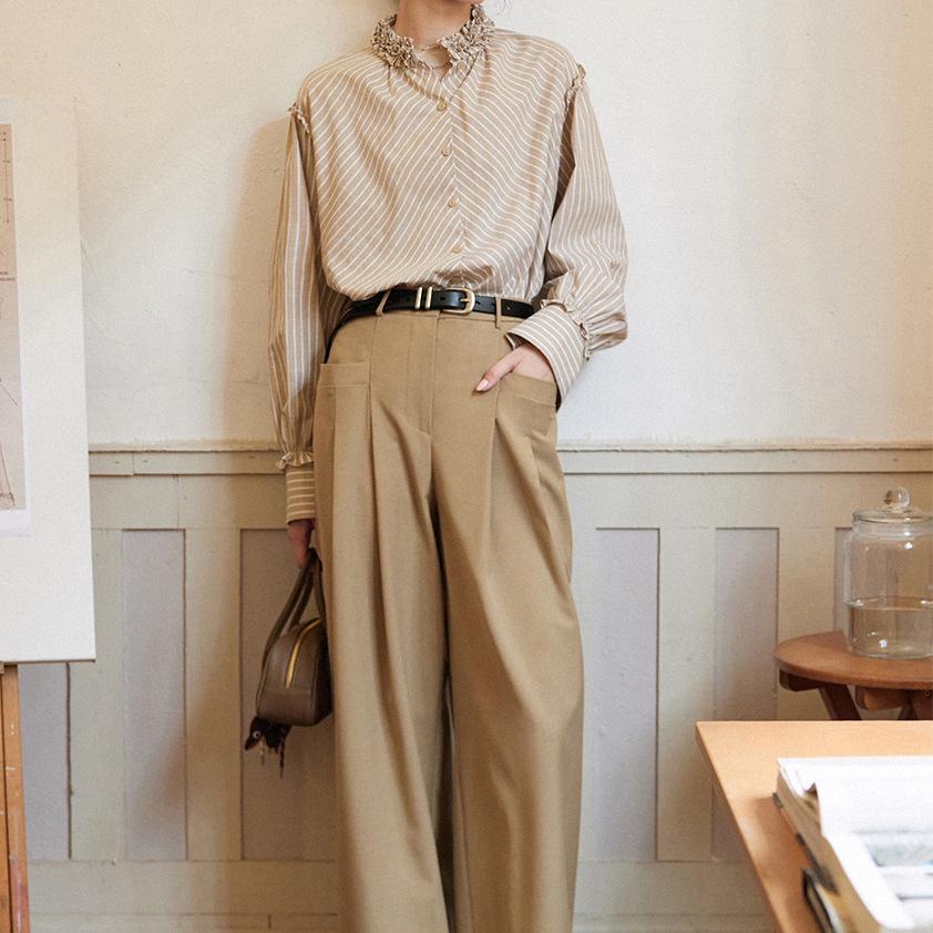 2025 Hepburn Style French Striped Petal Collar Shirt for Women - Unique, Beautiful, Small Top