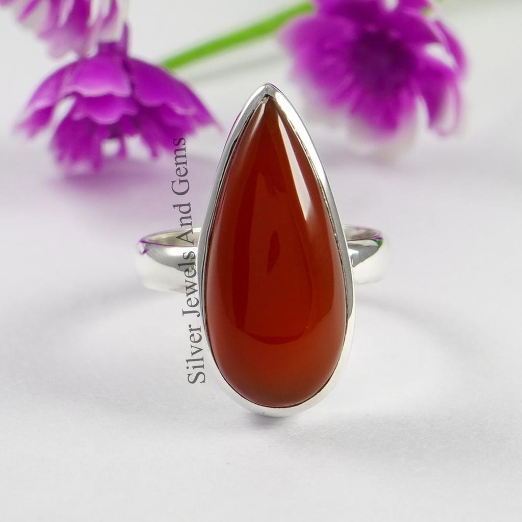 Natural Carnelian Ring, Handmade Ring, 925 Sterling Silver Ring, Gift for her, Gemstone Ring, Promise Ring, Long Teardrop Ring