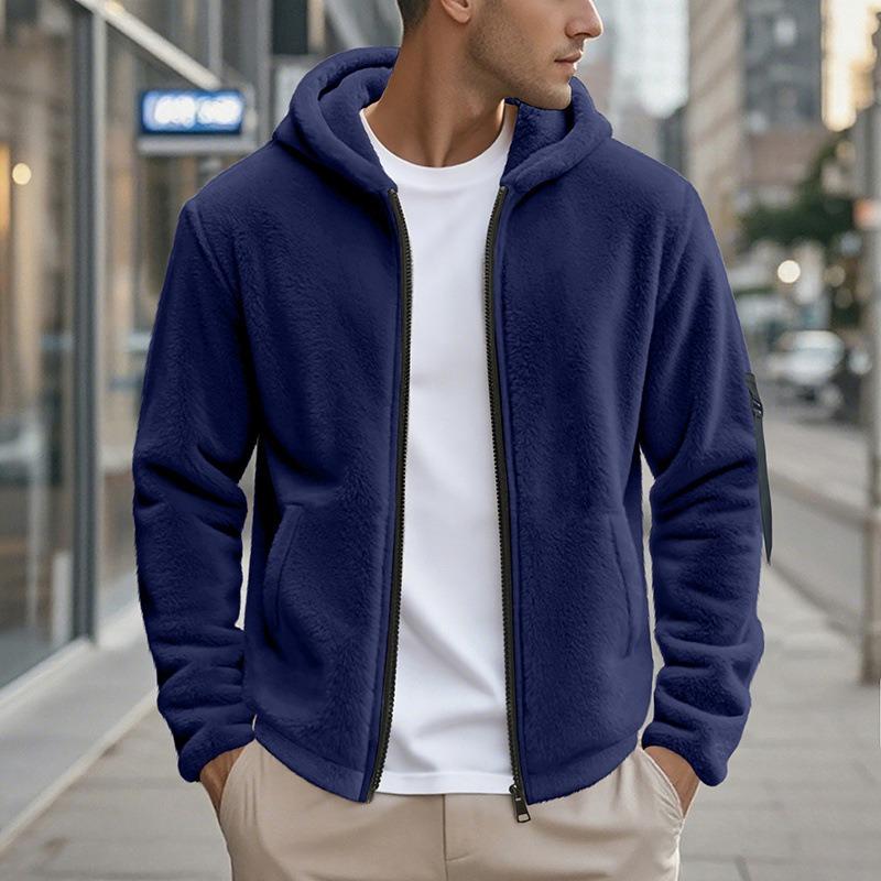Men's Fleece Lined Hooded Zip Up Jacket Loose Casual Coat.