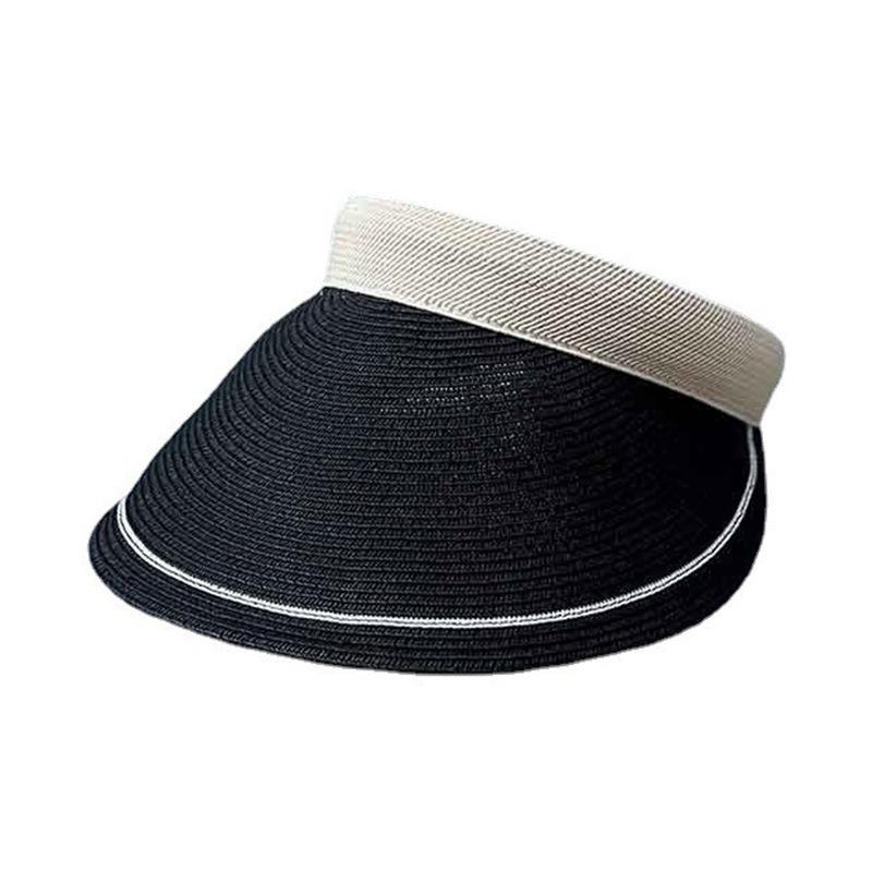 Summer Striped Contrasting Color Brim Fine Grass Braided Hairpin Type Empty Top Hat Women'S Tide Travel Sunscreen Sunshade Straw Hat