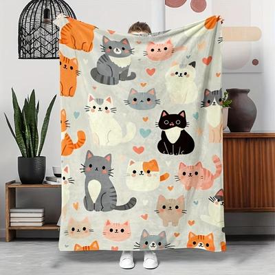 Adorable Cat Print Flannel Blanket - Soft Cozy All-Season Throw for Sofa Camping Travel, Cute Cartoon Cats & Hearts Gifts