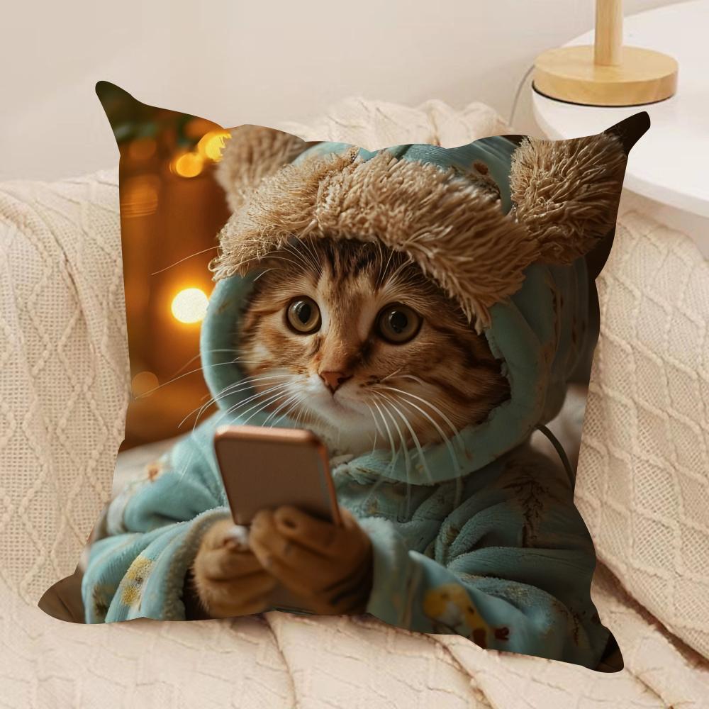 Cute Cat Holding Phone Cushion Cover Silky Short Plush Invisible Zipper Dustproof Sofa Pillow Case For Home Decor