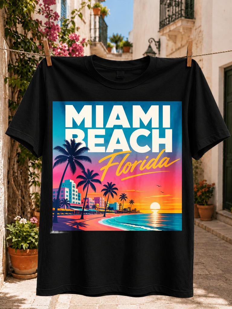 Miami Beach Florida Sonnenuntergang mit Palmen Ozean Art-Déco-Gebäude und lebendigen Neon-Reise-Grafiken Unisex All T-Shirt