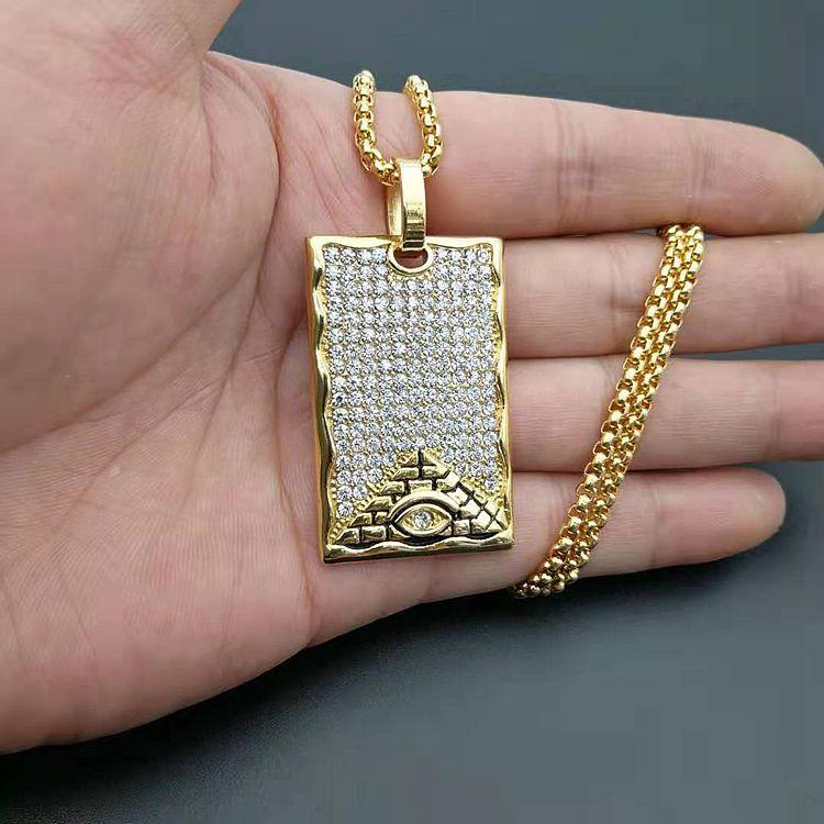 Egyptian Akhnaton Pharaoh Pendant Necklace with Rhinestone in Stainless Steel Eye Jewelry Charm Tutankhamun Hip Hop Jewellery 60cm
