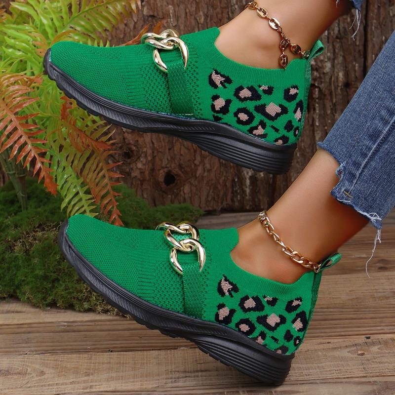 Fashion Mesh Breathable Sneakers Autumn New Round Toe Deep Mouth Metal Chain Leopard Soft Sole Non-Slip Kitten Heels