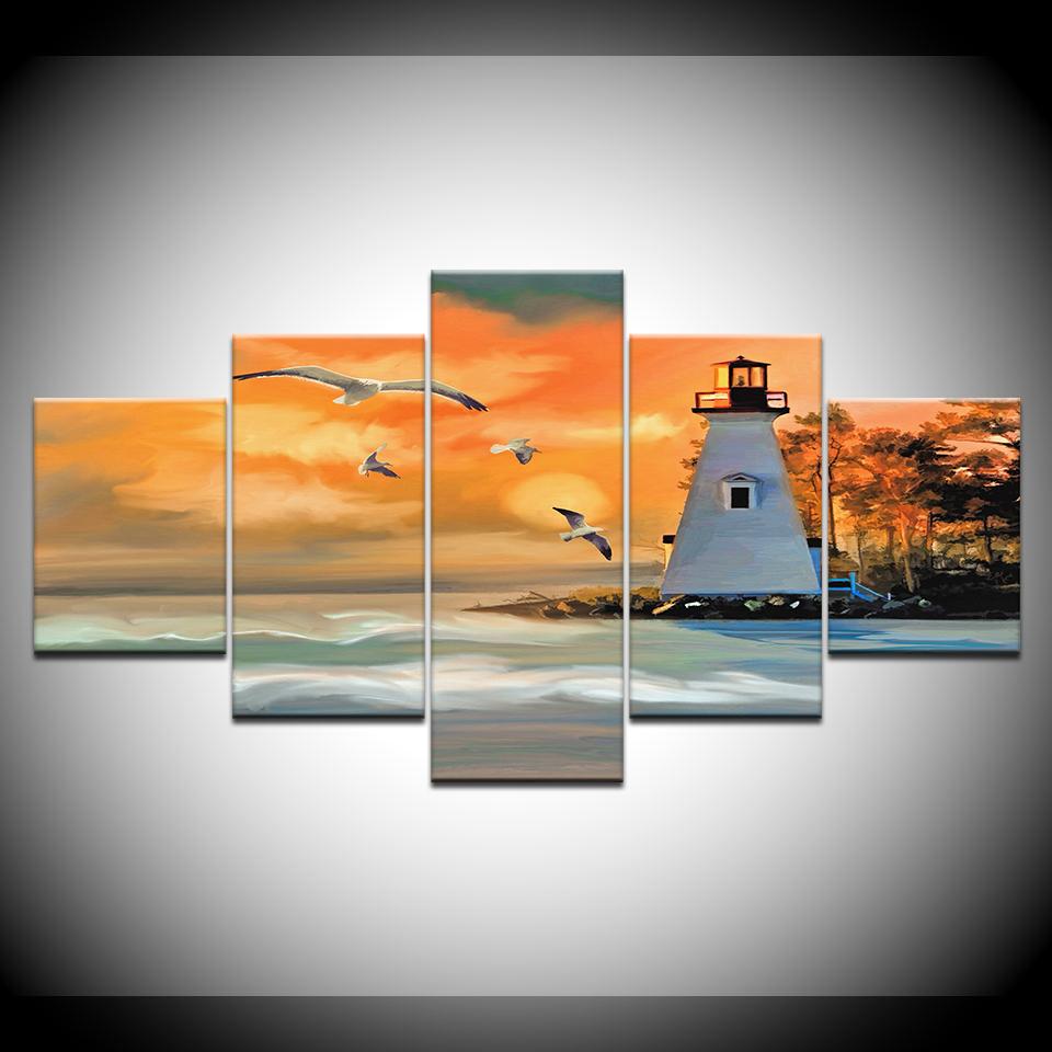 Sunset Lighthouse and Seagull 5 Piece HD Wallpapers Art Canvas Print modern Poster Modular art painting Living Room Home Decor