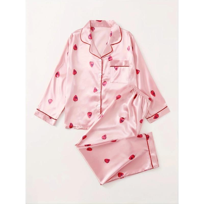 Strawberry Pattern Satin Long Sleeve Tops & Pants Pajama Set for Valentine's Gifts