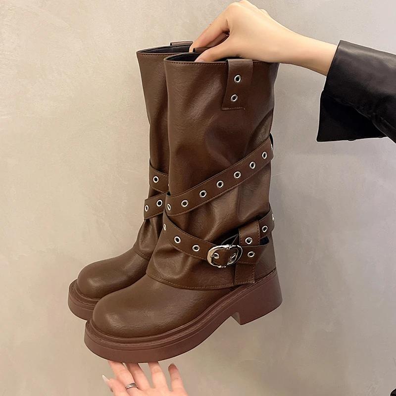 

Женские сапоги до середины голени с пряжкой на ремне, модные туфли на низком квадратном каблуке, лаконичные длинные сапоги для женщин, сапоги на платформе, новые 35