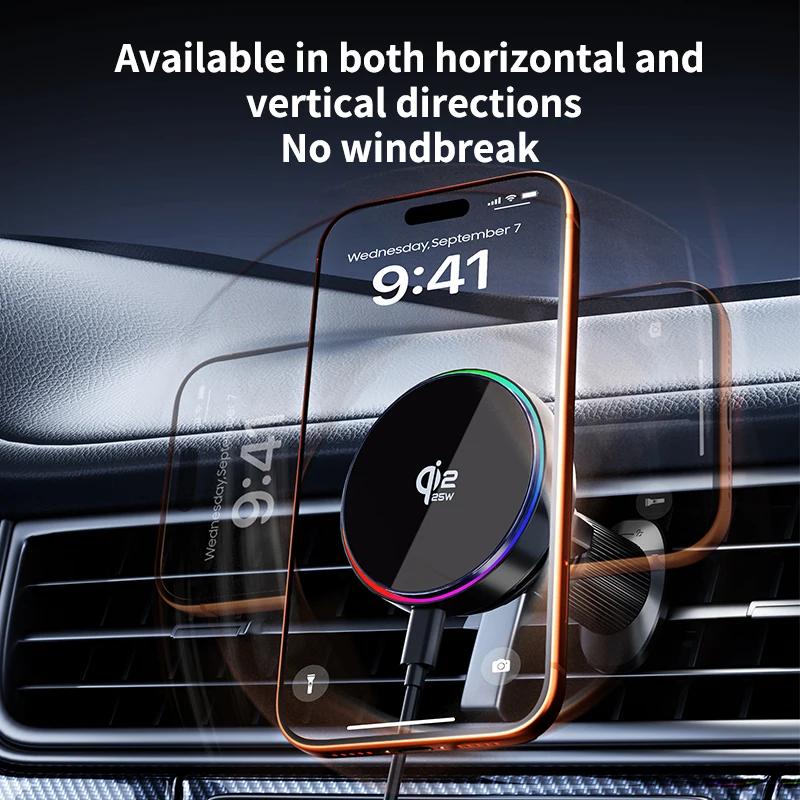 25W Magnetic Wireless Car Charger Stand Air Cooling RGB Light Phone Holder For Magsafe iPhone 17 16 15 14 13 12 Fast Charging