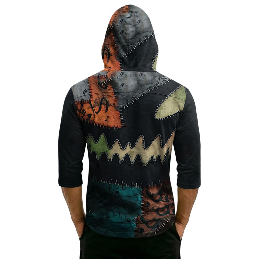 Men's Loose Fit Hooded Three-Quarter Sleeve Halloween Print Pullover