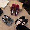 Sheepskin Version~ French Velvet Gypsy Flat-soled Single Shoes Women's Retro Red Square Head with Mary Jane Shoes