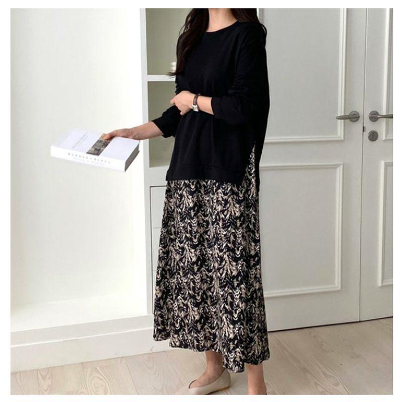 European Station Plus Size Women's Clothing Spring and Autumn New Round Neck Knitting Long Sleeves T-shirt Stitching Printing Large Swing Dress Dress