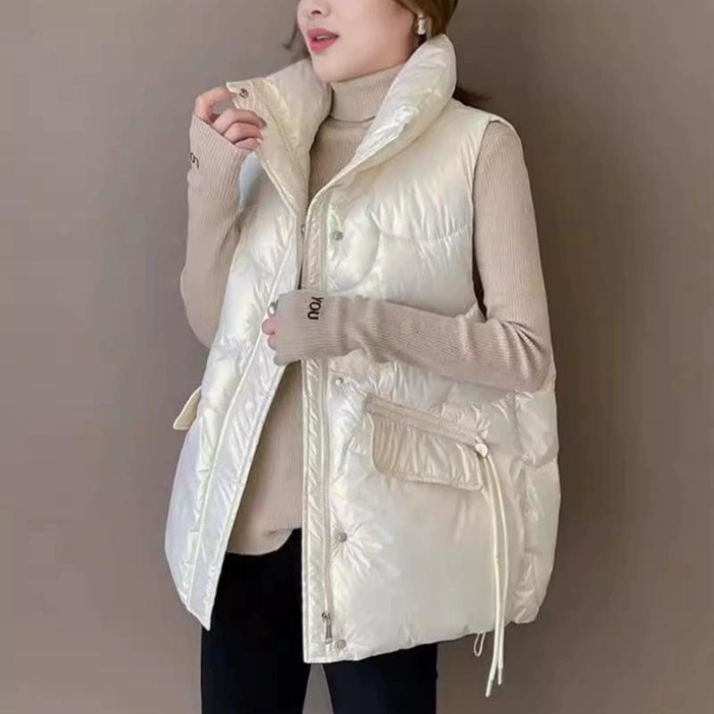 

Утолщенный пуховый хлопковый жилет Женская модная тенденция Жилет в западном стиле Блестящий одноразовый жилет Хлопковая одежда S бежевый