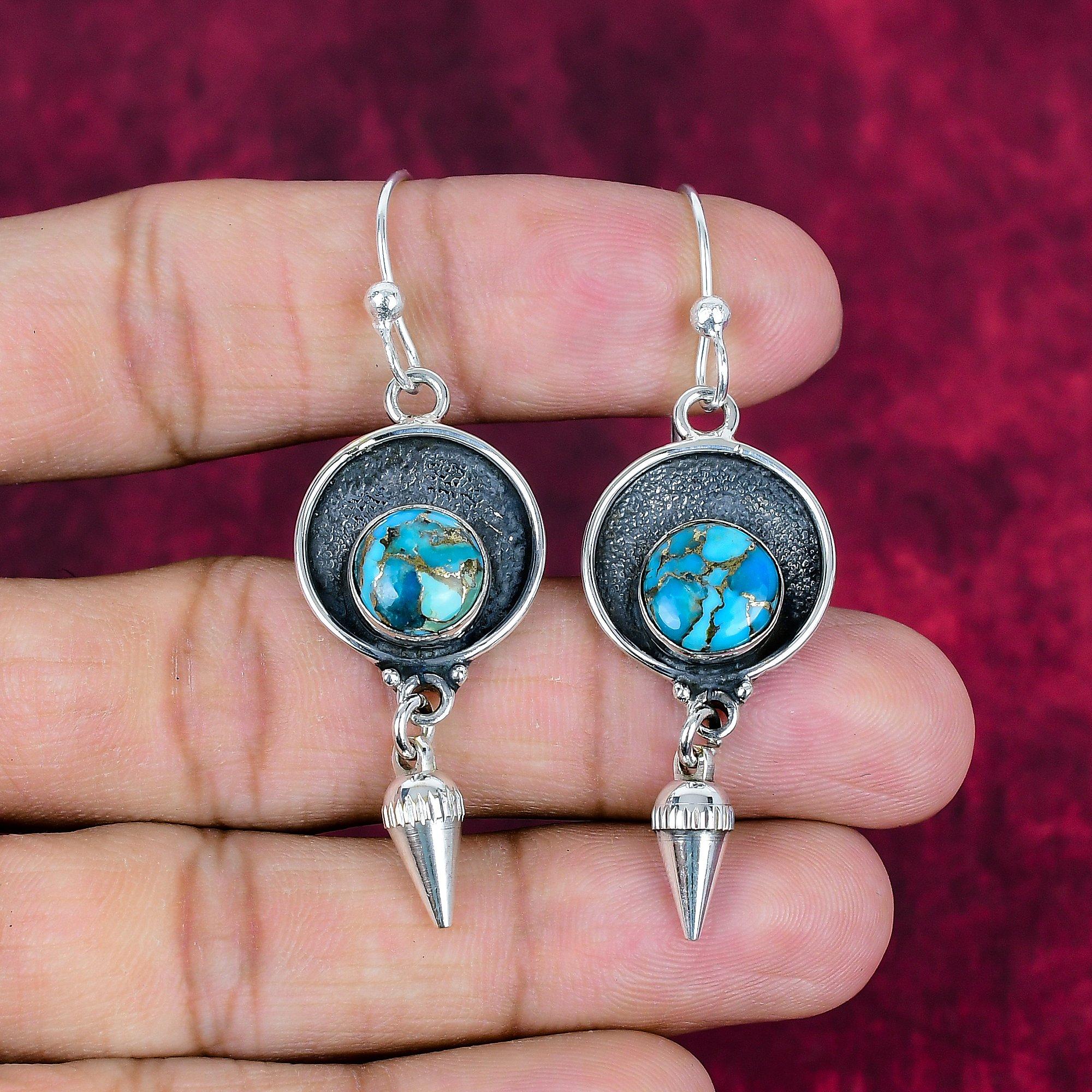 

Серьги ручной работы из голубого медно-бирюзового драгоценного камня, серьги из цельного серебра 925 пробы, старинные ювелирные изделия, для подарка на помолвку 2.36 Inches синий