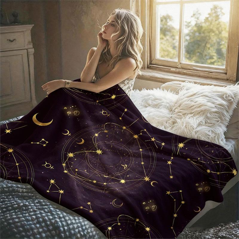 Astrology Gold Purple Flannel Blanket Perfect for Sofa Office Bed Travel Sleep Read Relax Camping Four Season Use