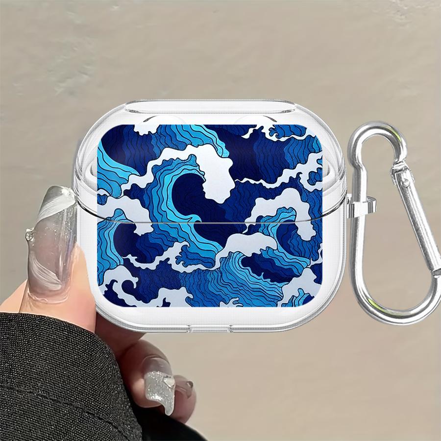 Clear Earphone Cases Cover With Hook Case For Samsung Galaxy Buds 4Pro 4 Pro Live 3Pro 3 FE 2Pro 2 Cartoon Ocean Tsunami