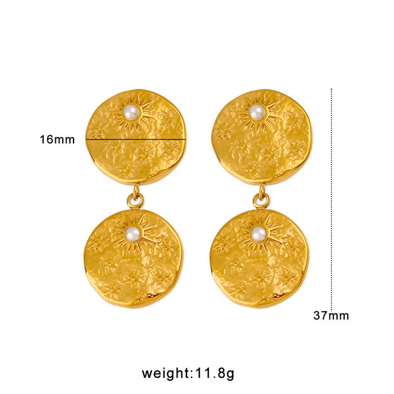 Meishiduo Women s Double Round Pearl Hammered Gold Titanium Steel Earrings - Classic French Retro Style