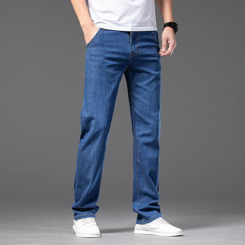 Large Size Men's Stretch Thin Jeans Summer Classic Black Blue Business Casual Straight Denim Pants Baggy Trousers 44 46