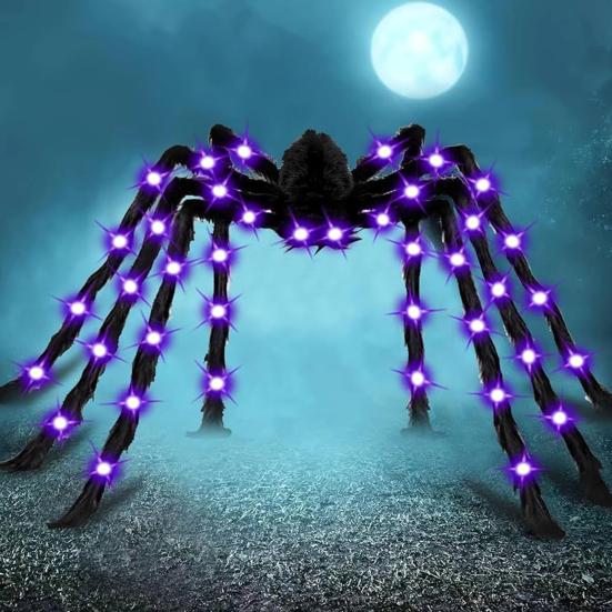 Halloweenský obří svítící pavouk Strašidelný realistický chlupatý LED pavouk s ohebnýma nohama pro vnitřní venkovní Halloweenskou zahradní domácí výzdobu
