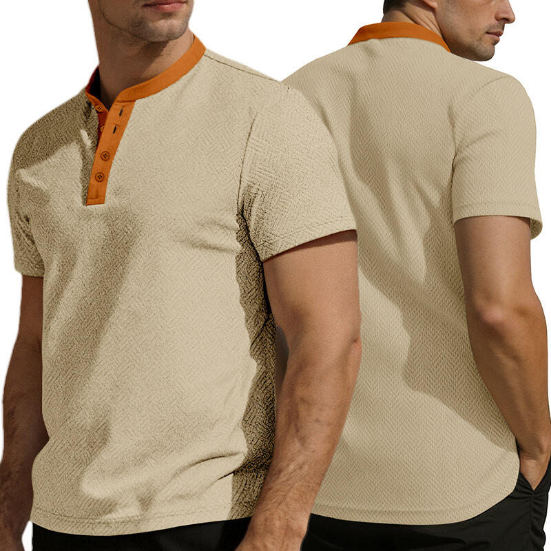

Summer Short Sleeve T-Shirt Round Neck Button Plaid Design Retro Style Men s Fashion Casual Tops S хаки