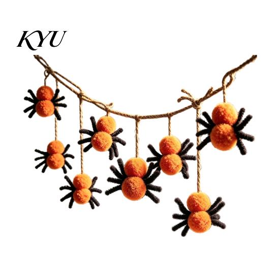 Indoor Halloween Party Supplies 78 Inch Hanging Spider Banner, Mini Black Orange Plush Wall Ornament for Home Pom Garland Party, Fireplace,