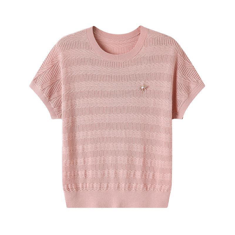 Mom's Summer Loose Round Neck Ice Silk Top 2026: New Style Short Sleeve Knit for Middle-Aged & Elderly Women, Plus Size Available