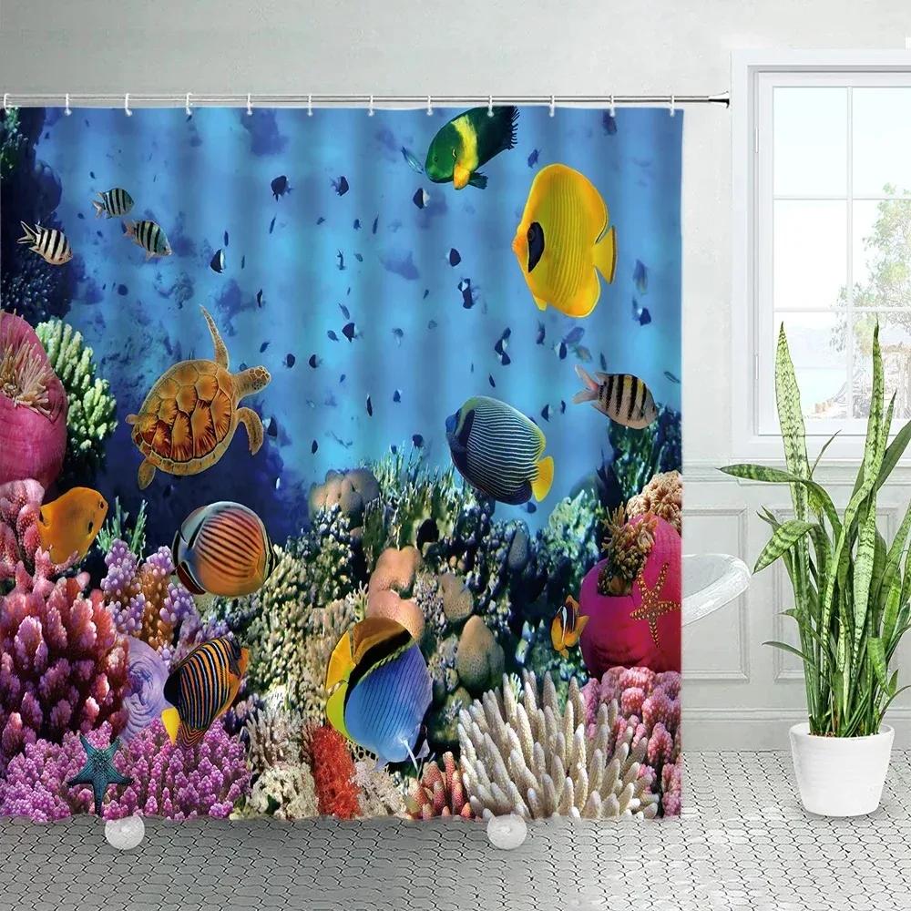 Tropical Ocean Shower Curtains For Kids Blue Ocean Dolphin Sea Turtle Fish Themed Kids Bathroom Fabric For Bath Curtain Decor