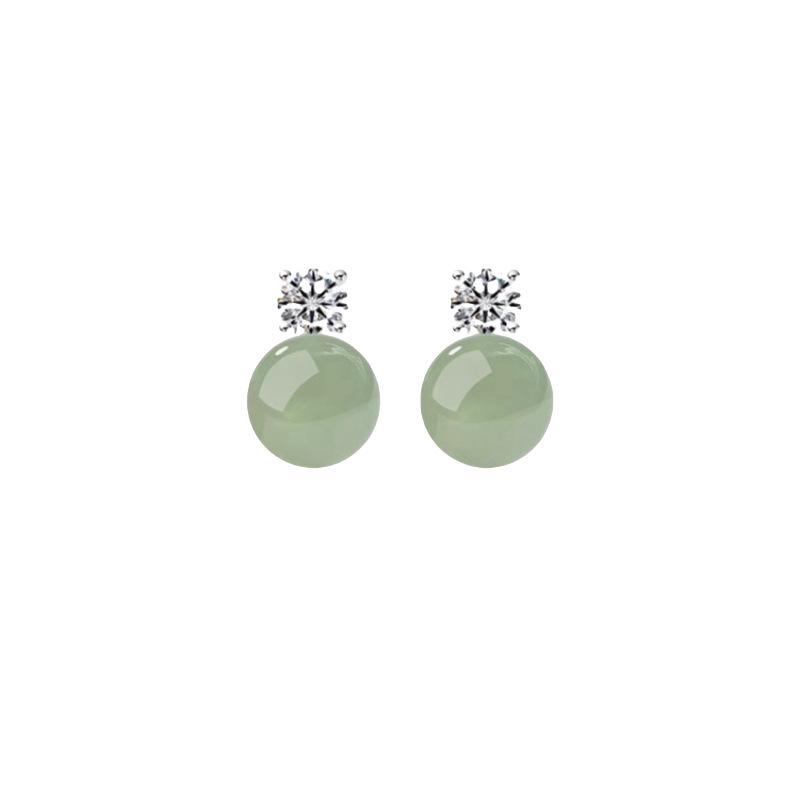 S925 Sterling Silver Needle Hetian Jade Moissanite Stud Earrings - Women's High-End Chinese Style Green Round Bead