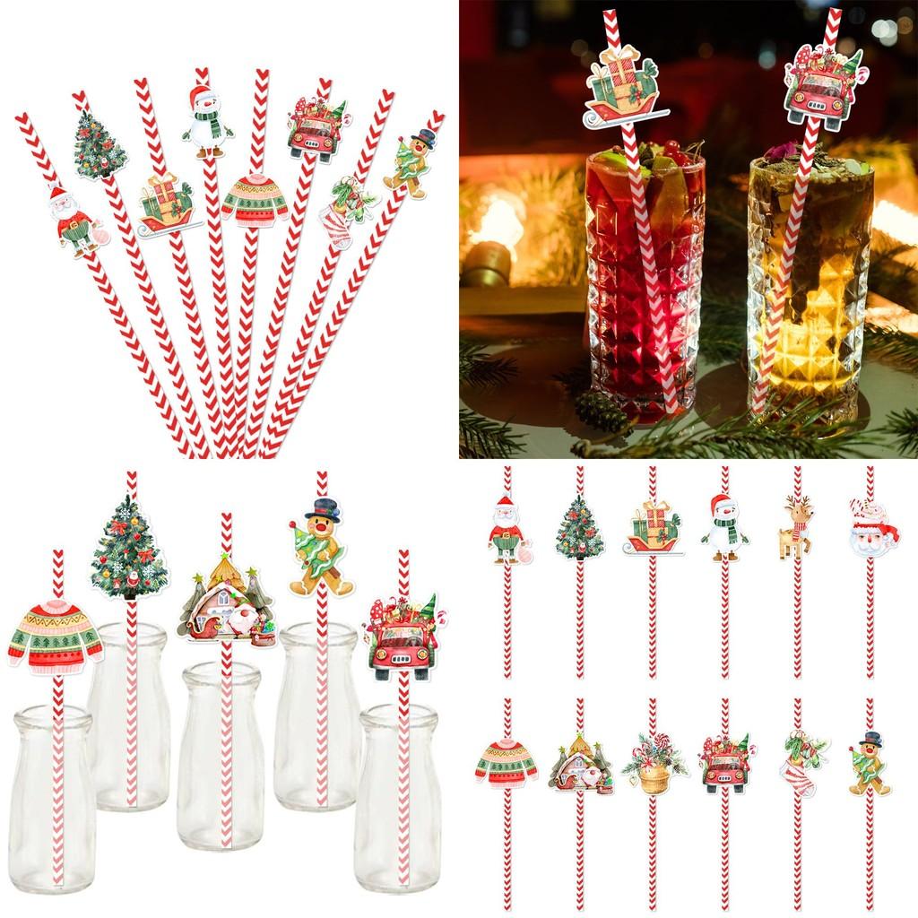Theme Christmas Table Decor Disposable Paper Straws Set With Santa Pattern Claus