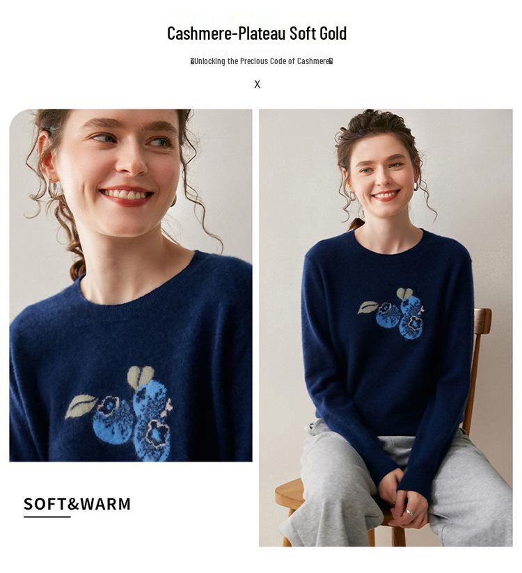 Women's Dark Blue Short Jacquard Cashmere Sweater - Round Neck, Loose Knit, Base Layer