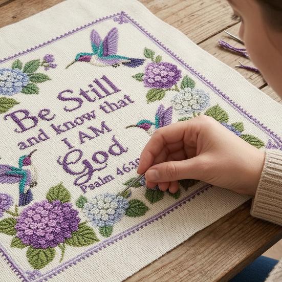 Kolibri Hortensia Broderikit, Kolibri Trädgård Tro Korsstygnskit, DIY Broderikit med Stämplat Tyg med Psalt, Nybörjare Handstygn