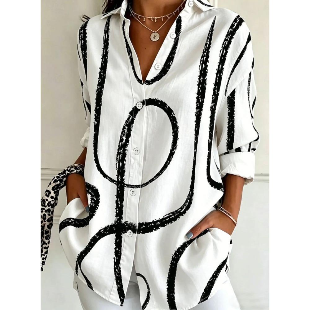 Geometric Print Women Blouse Spring Autumn Femme Office Lady Button Up Turn Down Collar Shirts