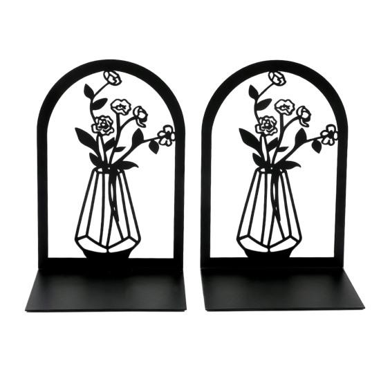 1 Pair Flower Metal Bookends Decorative Flower Vase Book Ends for Shelves Black