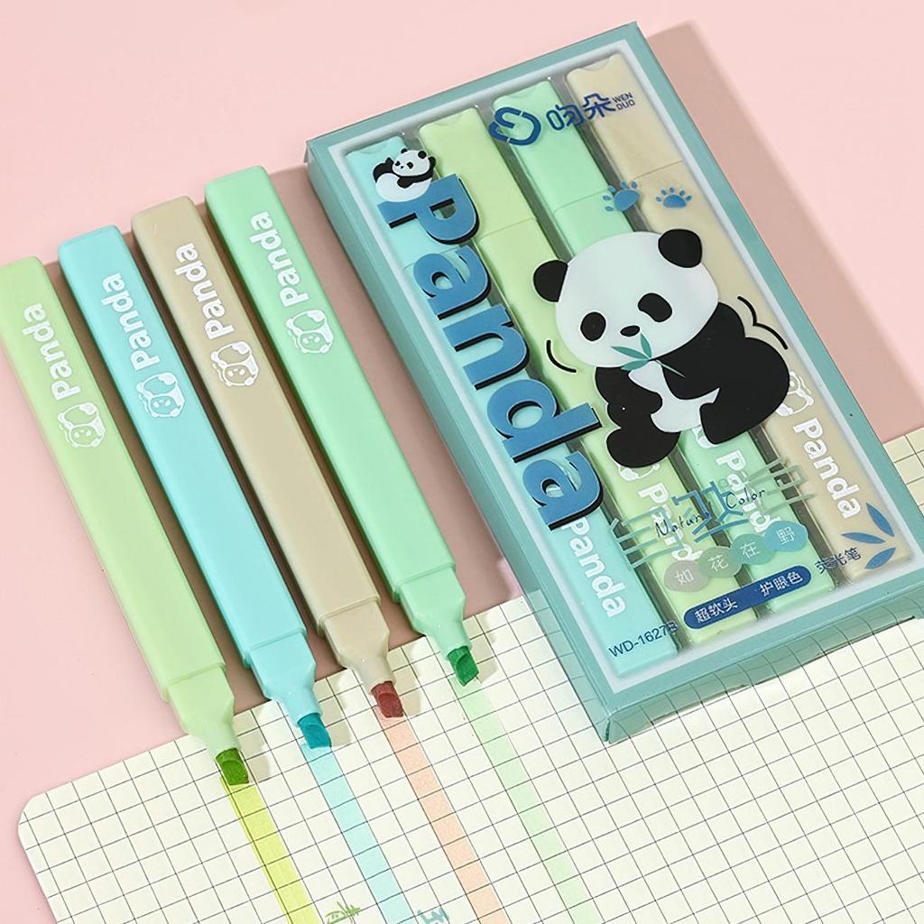Set de 4 pixuri de evidențiere cu panda drăguț de culoare ușoară, butoi pătrat, căptușeală moale pentru marcator pentru desen, pictură, școală