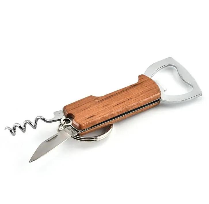 Openers Wooden Handle Bottle Opener Keychain Knife Double Hinged Corkscrew Stainless Steel Key Ring Opening Tools Bar TLY049