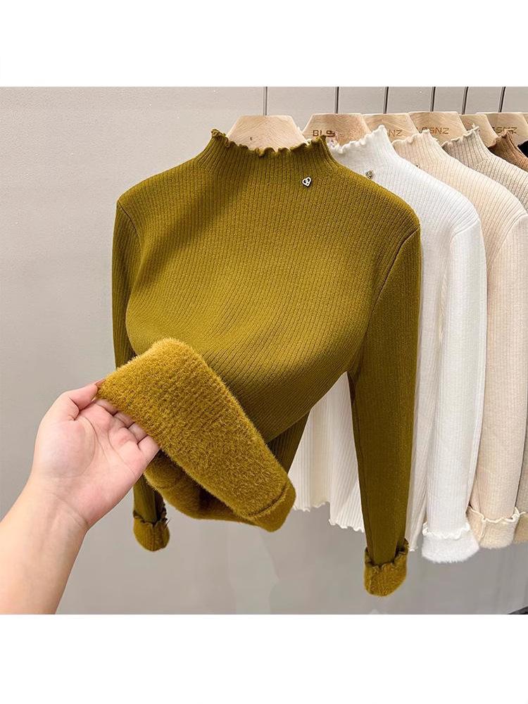 Women's Velvet Half-High Collar Sweater: Solid Color, Warm, Slim-Fit, Autumn/Winter Style, Simple & Soft Knitted Base Layer.