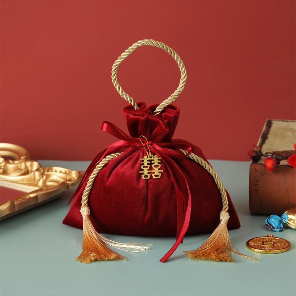 Red Wedding Candy Packaging Bags Velvet Drawstring Pouch Handbag Sweets Chocolate Packing Bag